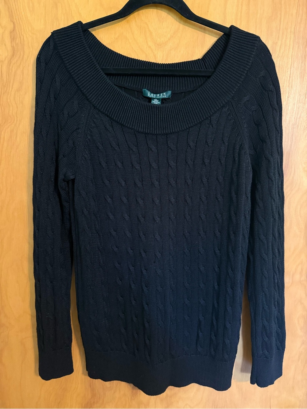 Lauren Ralph Lauren Black Cable Knit Sweater Boat Neck Size L Viscose Cotton